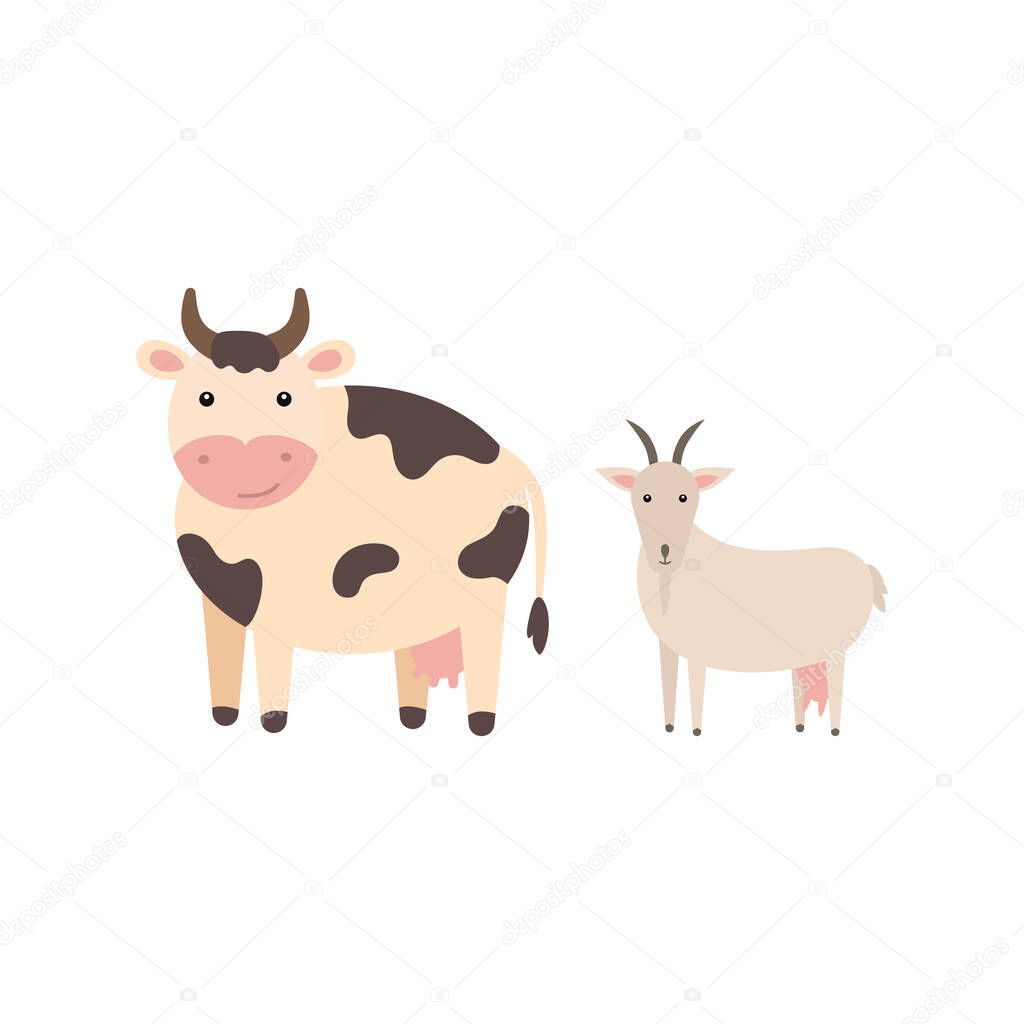Farm black spotted cow and goat, cartoon vector illustration isolated on white background. Cute cartoon domestic cow and goat side view. Print for nursery