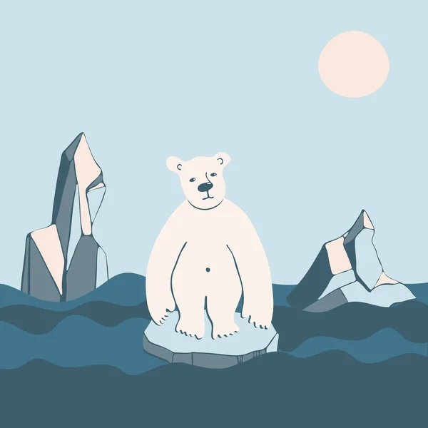 Polar Bear on small melting ice in ocean illustration vector graphic. — Stock Vector