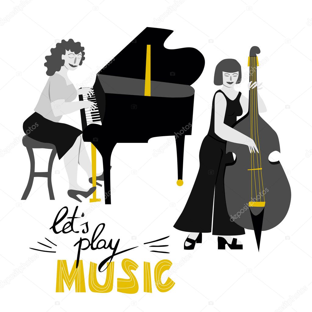 Girls band cartoon illustration with lettering in flat style. Two girls musicians perform.