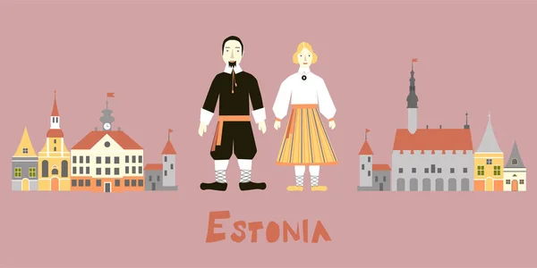 Ilustrações de residentes estonianos em trajes nacionais com edifícios antigos da cidade e a inscrição da Estônia . — Vetor de Stock