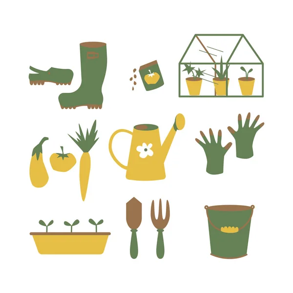 Kerti szerszámok és kiegészítők gyűjteménye. Kézzel rajzolt kertészeti elemek — Stock Vector