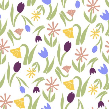 Bahar çiçekleri ve yapraklarıyla sevimli renkli bir desen. Düz bir şekilde kusursuz çiçek arkaplanı.