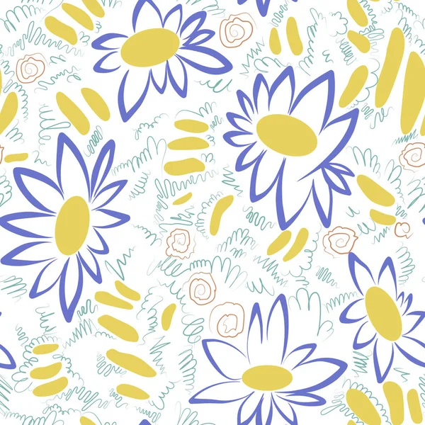 Seamless colorful pattern with abstract flowers and shapes on neutral background. — Stock Vector