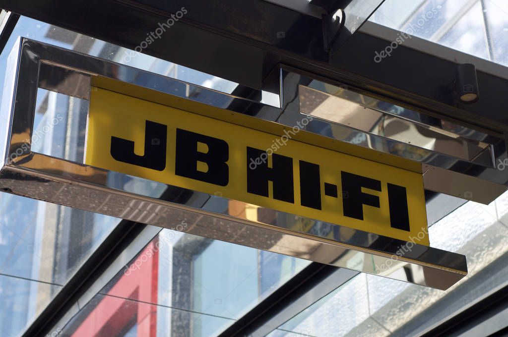 Brisbane, Queensland, Australia - 30th December 2019 : JB Hi-Fi sign hanging in front of a store in the Queenstreet mall in Brisbane. JB Hi-Fi is Australian biggest home entertainment retailer