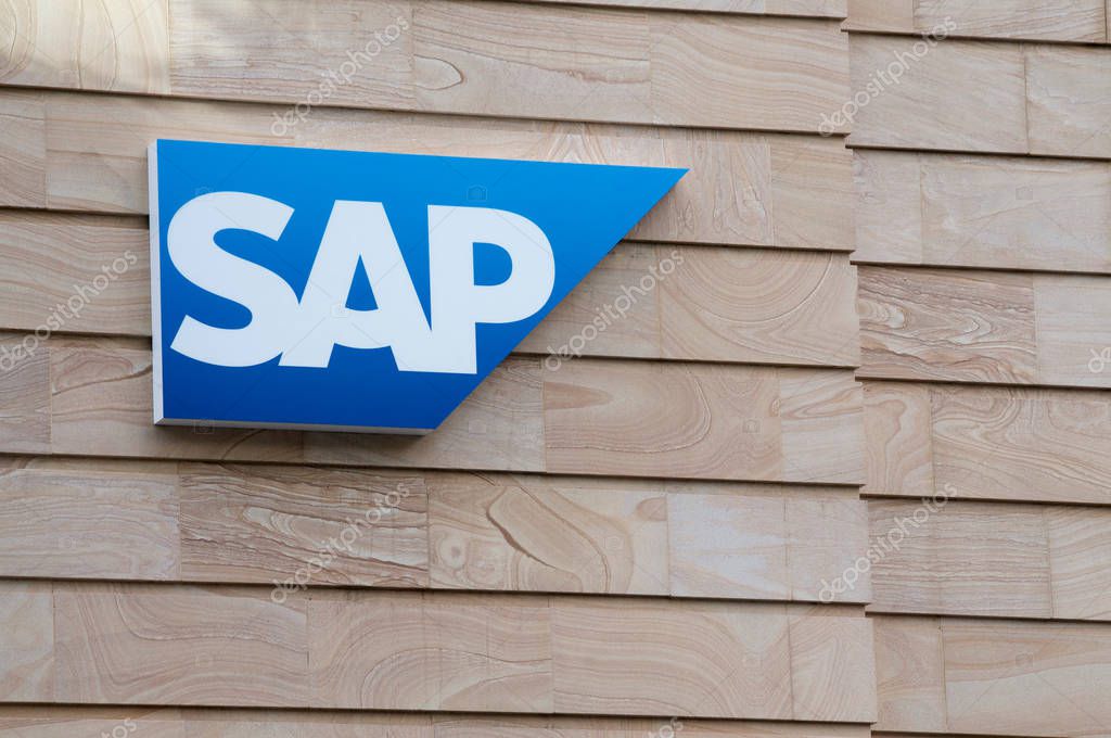 Brisbane, Queensland, Australia - 21st January 2020 : SAP Logo hanging in front of a building facade in Brisbane. SAP is a European multinational software corporation.