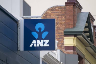 Brisbane, Queensland, Australia - 26th January 2020 : View of a ANZ (Australia and New Zealand Banking Group) Bank sign hanging in front of the bank entrance in Queenstreet mall in Brisbane