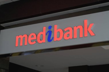 Brisbane, Queensland, Australia - 26th January 2020 : View of the Medibank logo hanging in front of the shop entrance in Brisbane. Medibank is an Australian private health insurance provider