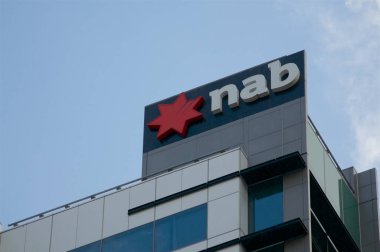 Brisbane, Queensland, Australia - 26th January 2020 : View of the NAB (National Australian Bank) Bank sign hanging on the top of the Bank building in Brisbane, Australia