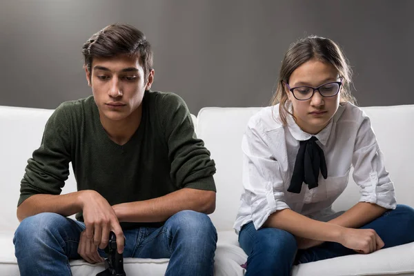 Sad couple of kids worried about future — Stock Photo, Image