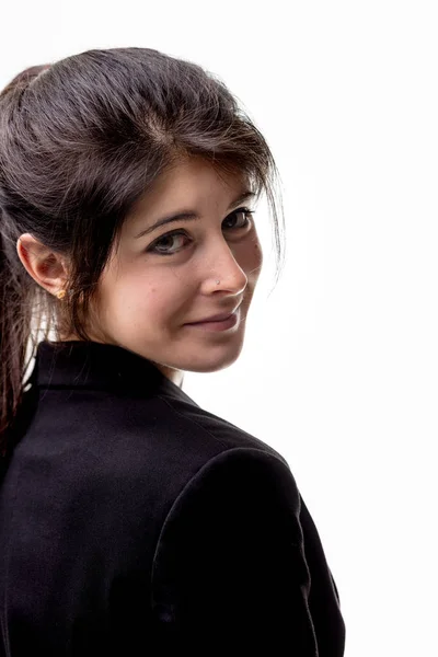 Pretty young woman on a black jacket — Stock Photo, Image