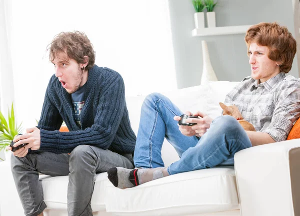 两个兄弟或朋友玩视频游戏 — 图库照片