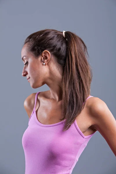 Pretty beautiful slim girl profile looks sad — Stock Photo, Image