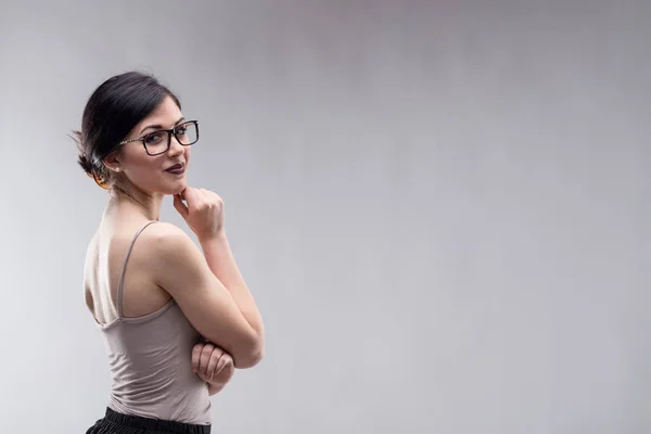 Beautiful Young Brunette Woman Dark Lipstick Wearing Grey Top Large — Stock Photo, Image