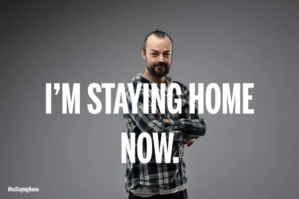 Staying Home Text Half Turn Portrait Friendly Looking Bearded Man — Stock Photo, Image