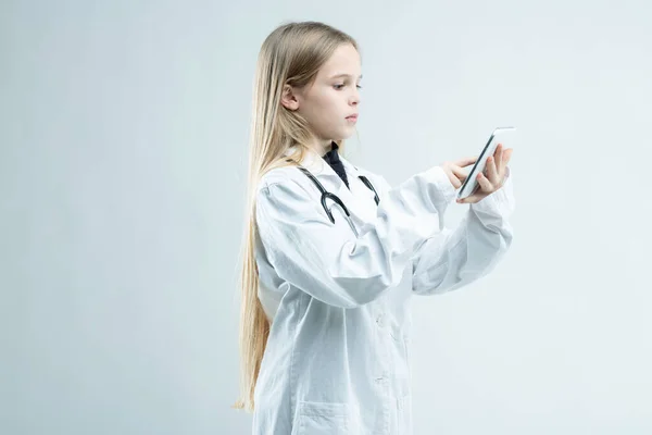 Young Girl Dressed Medical Lab Coat Stethoscope Pretending Doctor Standing — Stock Photo, Image