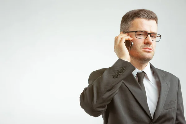Young Businessman Suit Glasses Talking Phone Emotionless Confident Serious Face — Stock Photo, Image