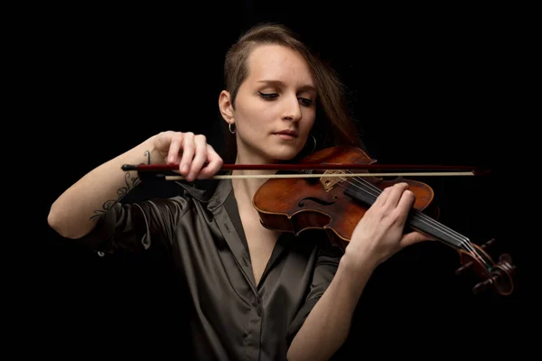 Mulher Apaixonada Violinista Tocando Música Clássica Violino Barroco Antigo Artesanal — Fotografia de Stock