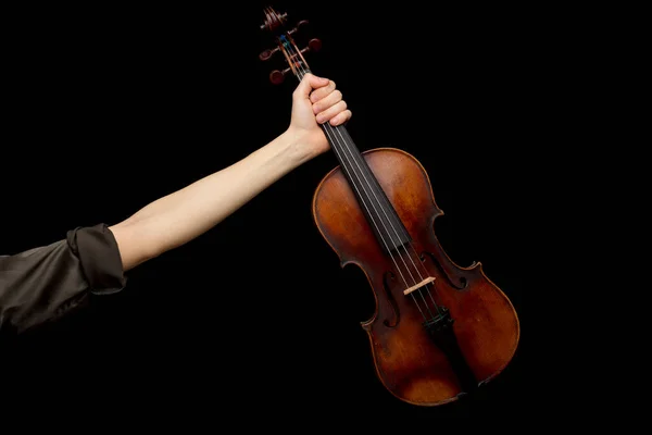 Woman Displaying Classical Baroque Violin Her Outstretched Hand Dark Background — ストック写真