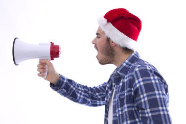 megafon ile çığlık ile genç adam Noel Baba Ha