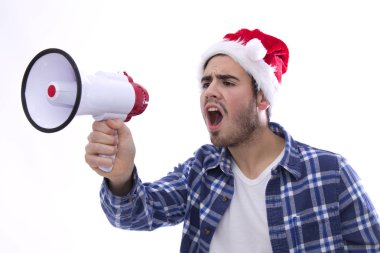 megafon ile çığlık ile genç adam Noel Baba Ha