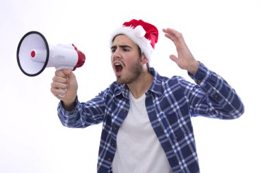 megafon ile çığlık ile genç adam Noel Baba Ha