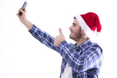 genç adam bir selfie ile telefon ve ok sembolü haline