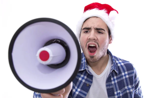 Megafon ile çığlık ile genç adam Noel Baba Ha — Stok fotoğraf
