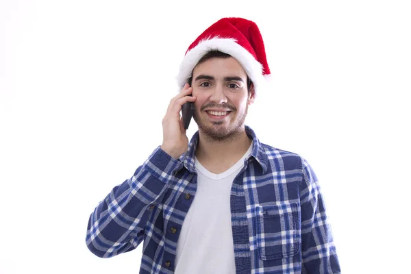 Junger Mann mit Schreien mit dem Megafon Santa ha — Stockfoto