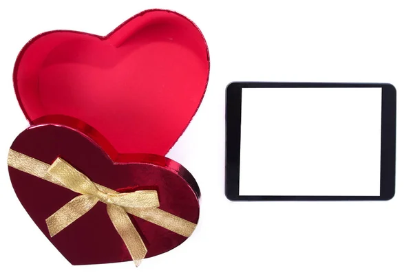 Tablet and gift box isolated — Stock Photo, Image