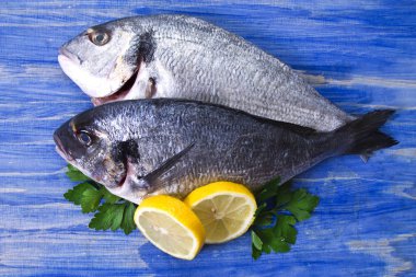 limon ve mavi ahşap bir zemin üzerine maydanoz çipura