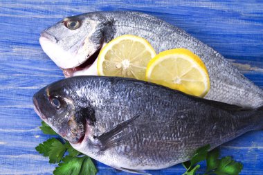 limon ve mavi ahşap bir zemin üzerine maydanoz çipura