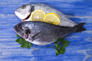 limon ve mavi ahşap bir zemin üzerine maydanoz çipura