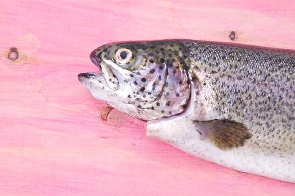 Риба, форель на рожевому дерев'яному фоні — стокове фото