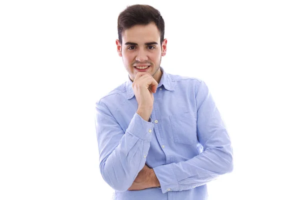 Hombre joven con camisa azul pensando — Foto de Stock