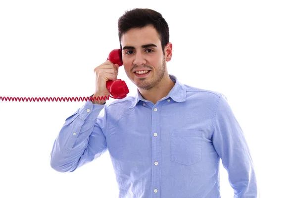 Joven con teléfono rojo — Foto de Stock