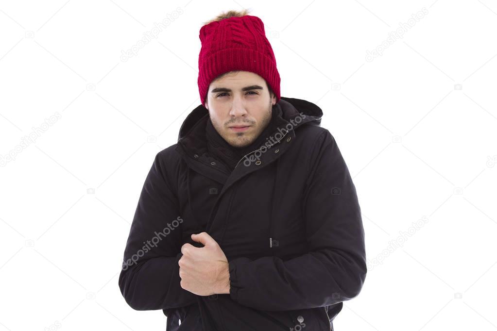 Young man with jacket and red cap