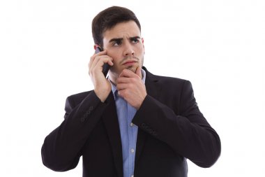 genç adam bir ceket düşünce ile izole hareket eden telefon ile