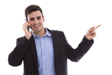 erkek genç konuşmak telefon ile mobil ceket ile yalıtılmış