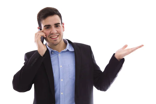 Młody mężczyzna z płaszczem rozmowy z telefonu mobilnego izolowane — Zdjęcie stockowe