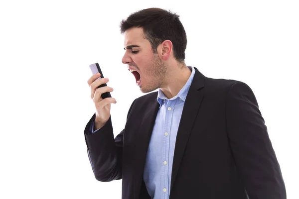 Erkek genç mobil telefona çığlık — Stok fotoğraf