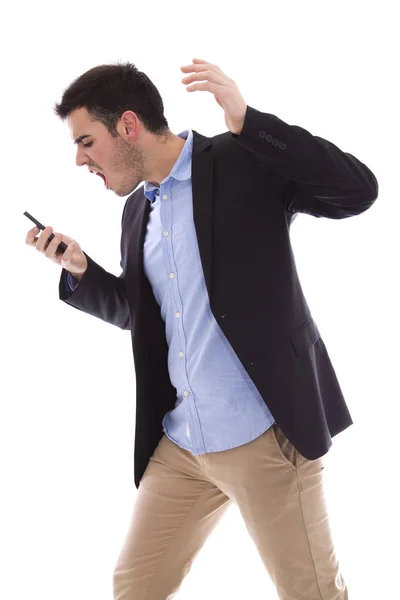 Junge Männer schreien zum Handy — Stockfoto