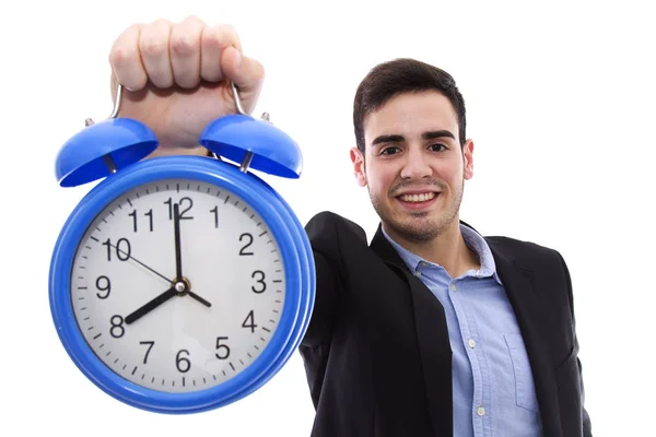 Man of business by holding the clock alar — Stock Photo, Image