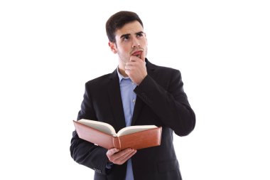 Beyaz izole kitap ile genç adam