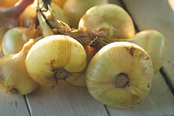 Bunch of onions on wood — Stock Photo, Image