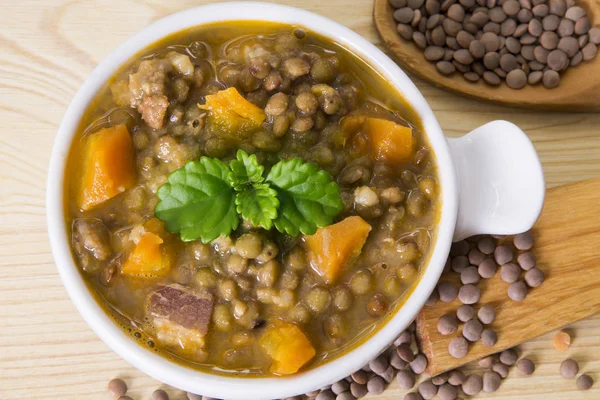 Lentil stew with bacon and carrot — Stock Photo, Image