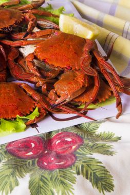 Noel masa örtüsü üzerinde pişmiş Yengeç