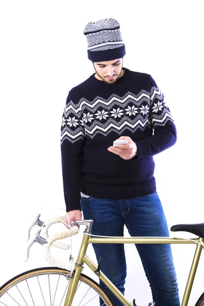 Hombre Hipster Con Bicicleta Teléfono Móvil —  Fotos de Stock