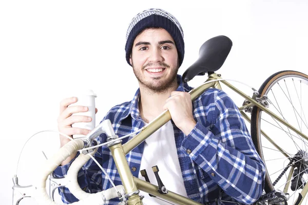 Hombre Hipster Con Bicicleta Tomando Una Taza Café —  Fotos de Stock