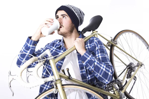 Hombre Hipster Con Bicicleta Tomando Una Taza Café — Foto de Stock
