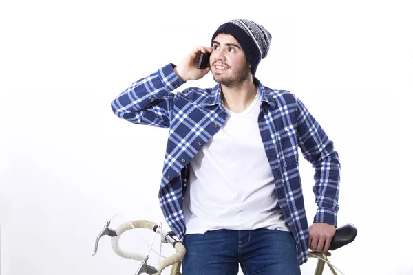 Man Hipster Sitting Bicycle Talking Cellphone — Stock Photo, Image